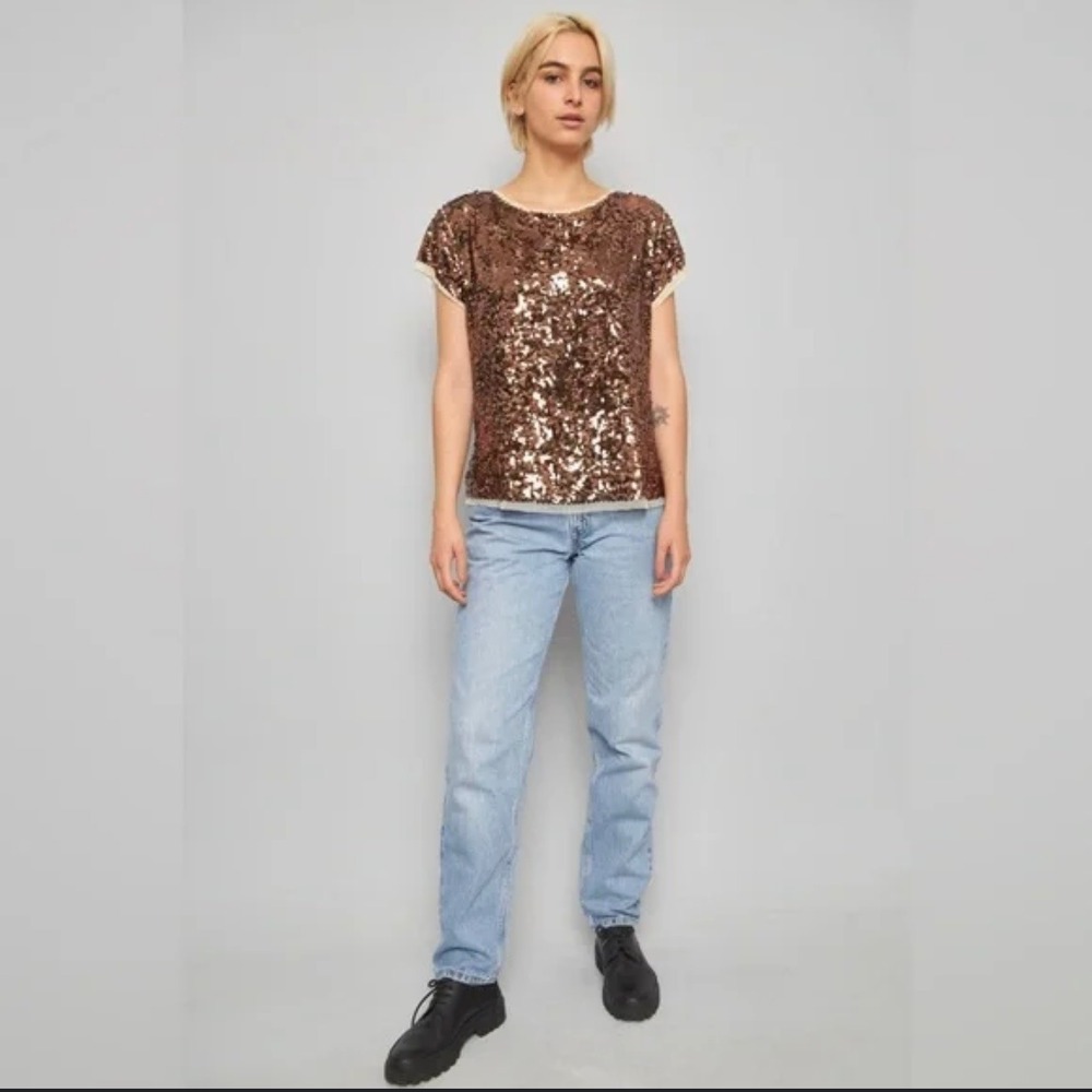 LOFT Womens XS Sequin Top Brown Short‎ Sleeve Party Sparkle Blouse